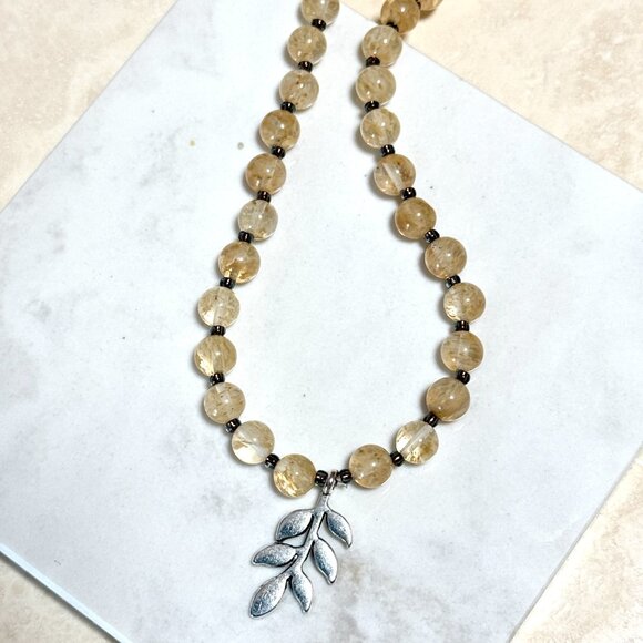 Golden Rutilated Quartz Short Necklace, Gemstone & Silver Leaf Branch Pendant - Picture 5 of 12